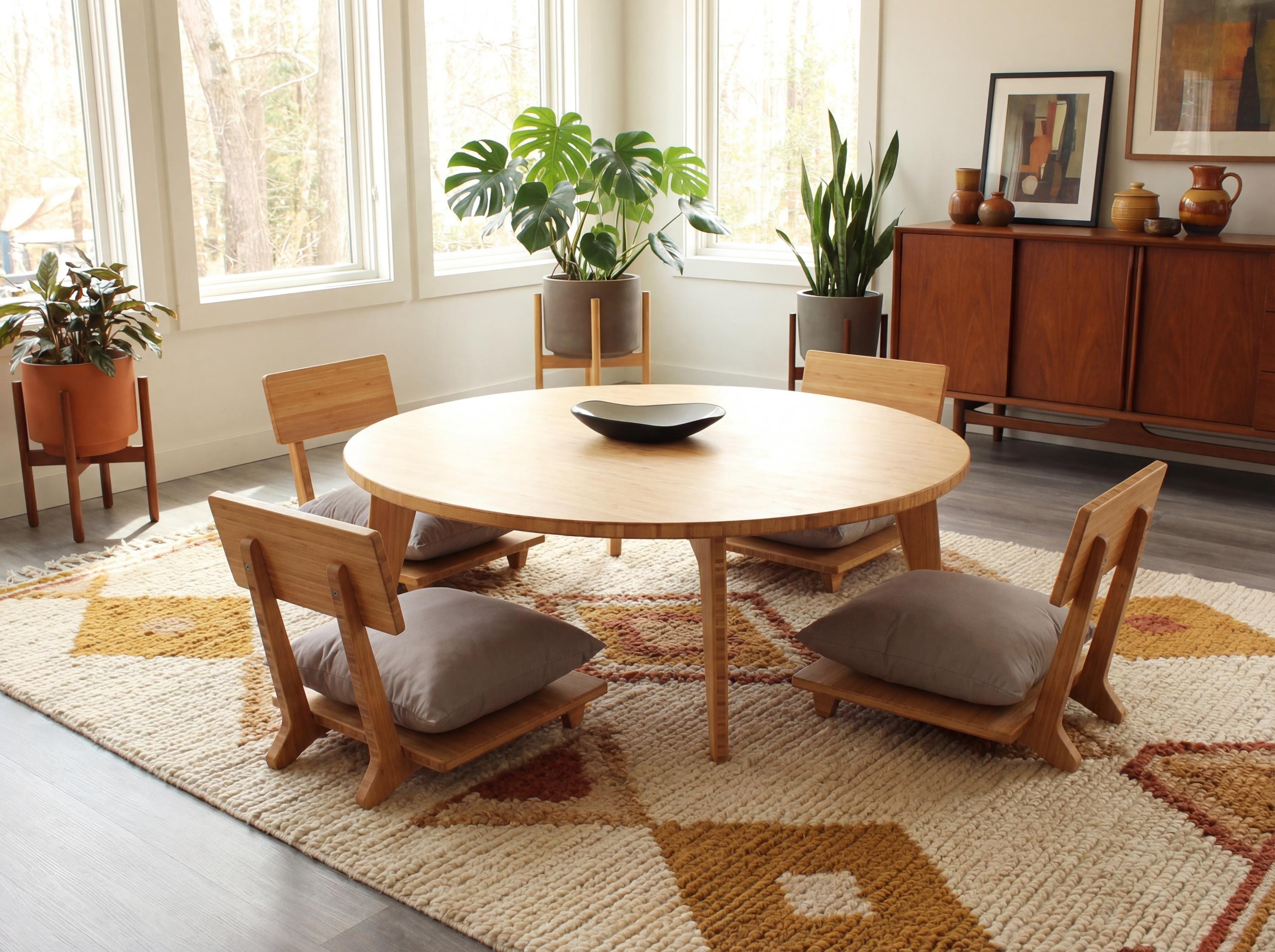 Round Bamboo Coffee Table Set With Floor Chairs | Japanese Low