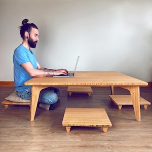 Square Coffee Table Set | Floor Seating | Mid-Century Japanese Chabudai | LOW Work or Dining | Tatami: With Floor Chairs | Natural Bamboo