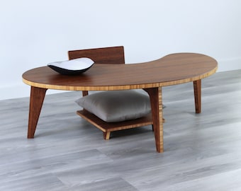 Chestnut Bamboo Kidney Shaped Coffee Table | Mid-Century Modern | Low Japanese Desk with Floor Chair