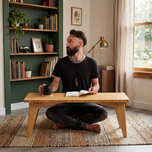 May include: A low-profile rectangular bamboo coffee table with angled legs, featuring a smooth light wood grain surface. The table is positioned horizontally, providing a flat, stable platform for items like a book and a dark ceramic mug.