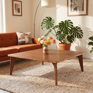 May include: A square wooden coffee table with a smooth, dark brown top and light-colored edge detailing, supported by four angled legs. The table is positioned in a living room setting featuring a burnt orange sofa and a large green monstera plant.