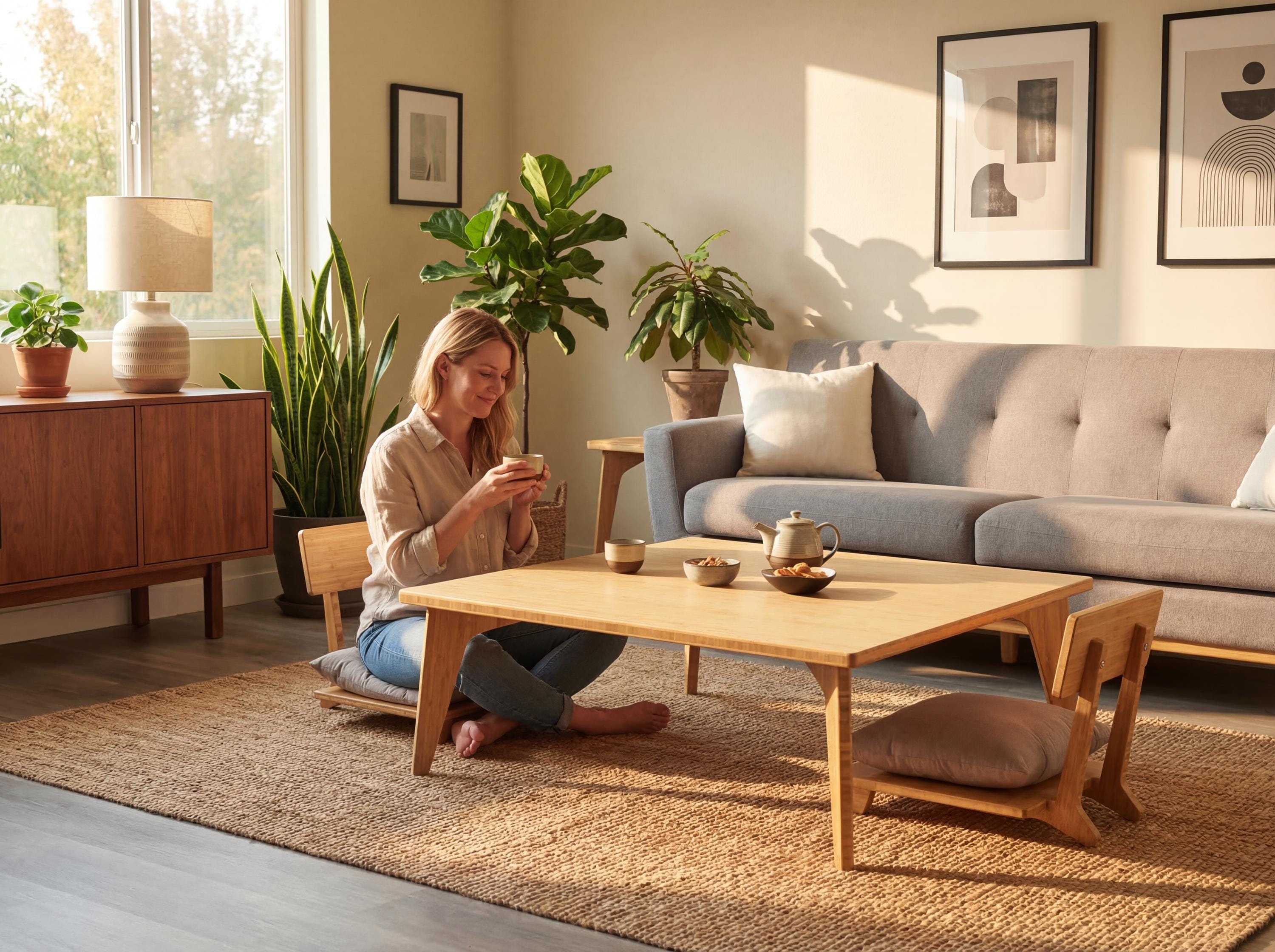 Square Bamboo Coffee Table Set | Mid-century Japanese Chabudai