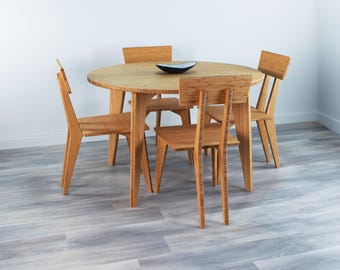Dining Table and Chair Set | 47" Round | Natural | Solid Bamboo | Midcentury Modern