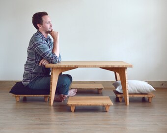 LOW Square Dining Table | Japanese Table | Chabudai | Tatami | Coffee Table: With Floor Chair for Pillow/Cushion - Natural BAMBOO | SMALL