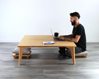 Square Coffee Table Set | Floor Seating | Mid-Century Japanese Chabudai | LOW Work or Dining | Tatami: With Floor Chairs | Natural Bamboo