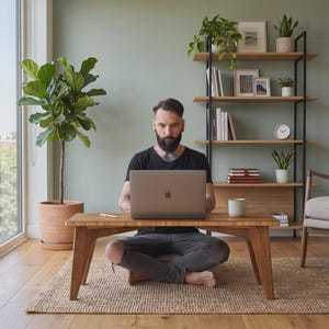 Puede incluir: Un portátil gris oscuro se encuentra sobre una mesa de centro de madera de perfil bajo con patas inclinadas. El portátil presenta un acabado metálico y un logotipo central. La mesa tiene una superficie rectangular lisa de madera clara.