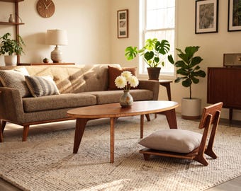 Chestnut Oval Coffee Table Set | With Japanese Inspired Floor Chair | Mid-century Modern