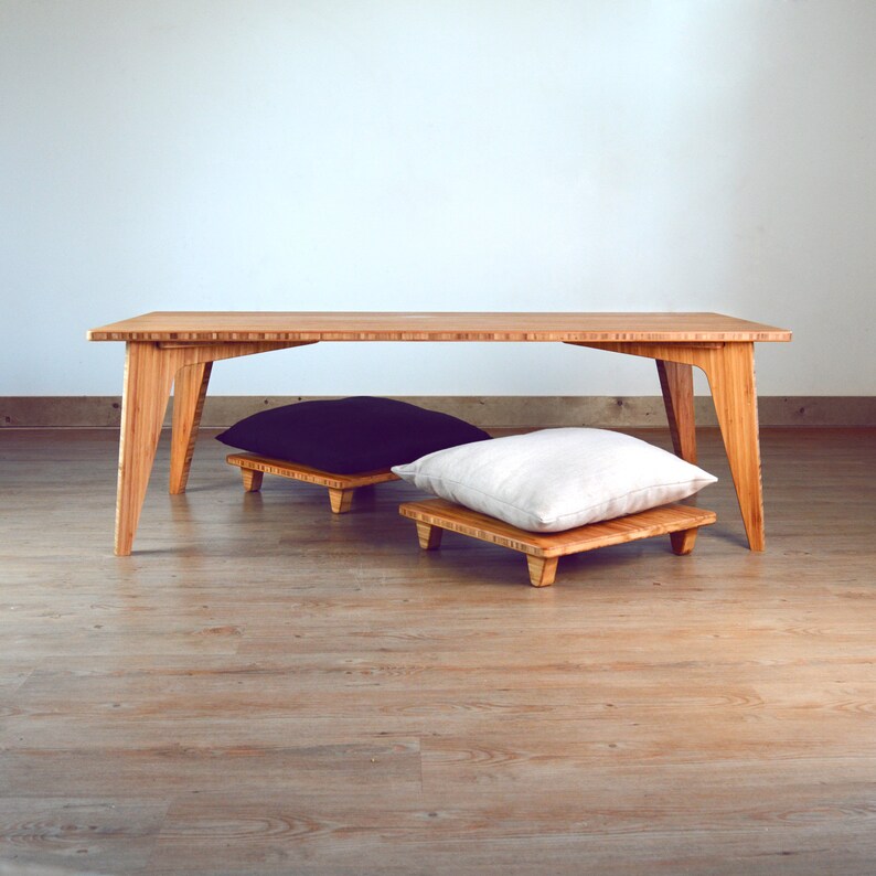 floor cushions Mid-Century Bamboo LOW Coffee Table Set 3-Piece: 2 Pillow Lifts Scandinavian Inspired | Dining |Desk |Study |Work |Craft