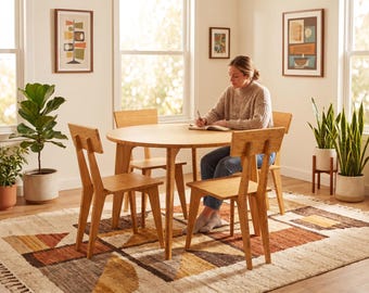 Dining Table and Chair Set | 47" Round | Natural | Solid Bamboo | Midcentury Modern