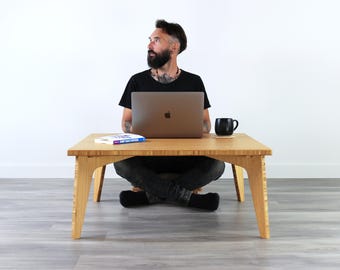Small Square Coffee Table Set | Mid-Century-Japanese Inspired | Chabudai | LOW Dining or Work with Floor Chair/Seating - Natural BAMBOO