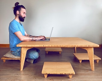 LOW Square Coffee Table | Dining Table | Desk | Japanese Floor Table Chabudai: With Floor Chair for Pillow/Cushion- Natural BAMBOO |