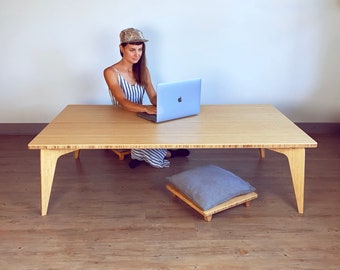 LOW Dining Table | Floor Dining Table | Japanese Table | Chabudai | Tatami: With Floor Chair for Pillow/Cushion - Natural BAMBOO | LARGE