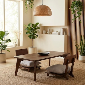 Mid Century Modern Walnut Bamboo Coffee Table | Japanese Floor Seating Desk