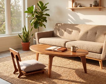 Chestnut Bamboo Kidney Shaped Coffee Table Set | Mid-Century Modern | Low Japanese Desk with Floor Chair