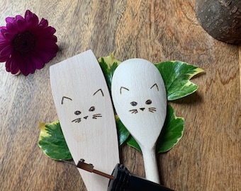 Cat Wooden Spatula and Spoon Set, Funny Cat Kitchen Gifts, Hand Burned Pyrography Kitty Kitchen Utensil, Cat Gifts for Cat Lovers