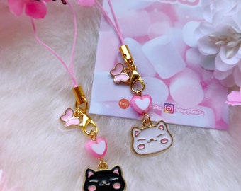 Small Cat Phone Charm - Kawaii Neko Keychain - Black And White Cat Phone Charm - Planner Charm -