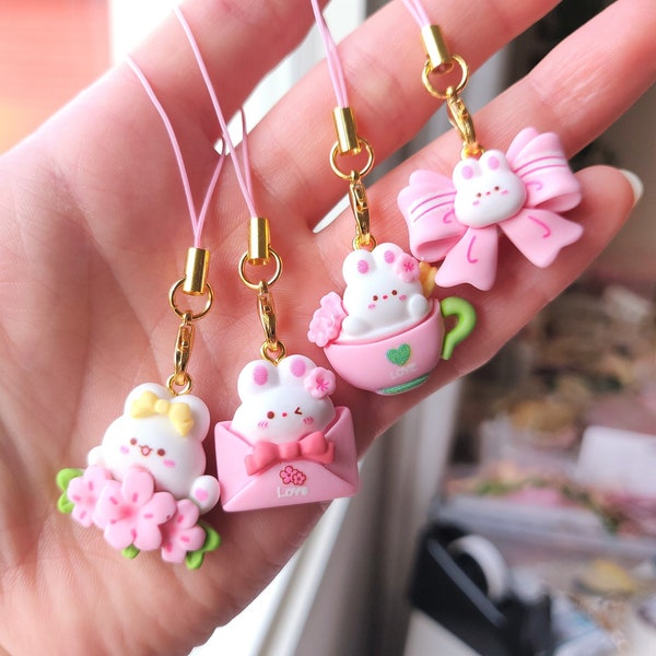 Kawaii Bunny Phone Charm - Lindo llavero rosa pastel - Kawaii lindo Phonecharm - Pink Phone Charm - 3D Phonecharm - Lindo llavero - Regalos