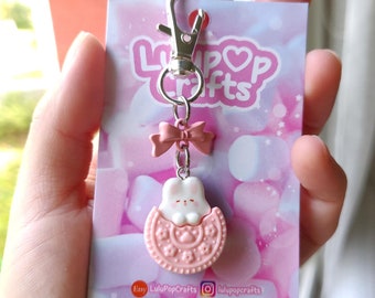 Llavero de conejito de galletas kawaii: dije para bolsa de dulces rosa