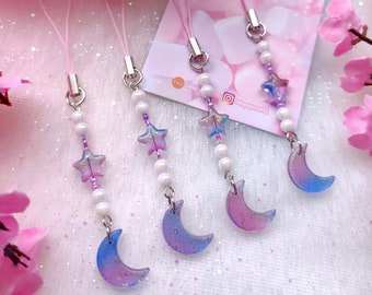 Kawaii Moon & Star Phone Charm: Pastel Keychain