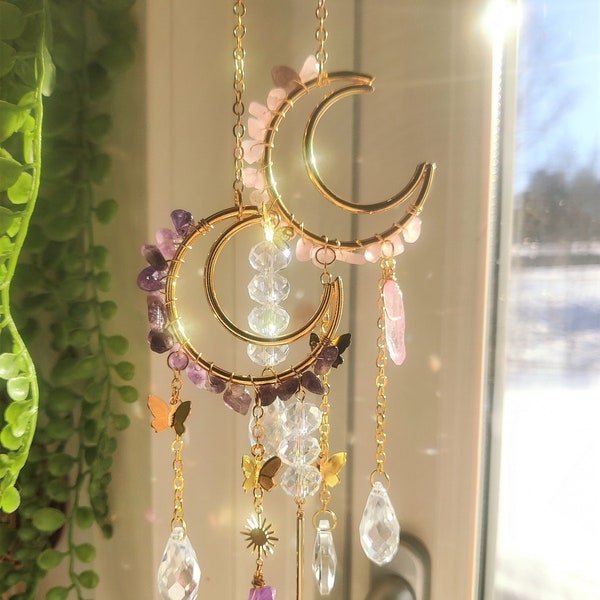 Crystal Suncatcher - Amethyst and Rose Quartz Suncatchers - Small Crystal Suncatcher - Aura Crystal - Gift