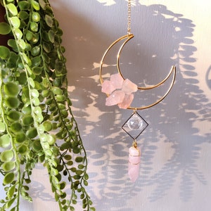 Rose Quartz Moon Suncatcher: Boho Crystal Prism Wall Hanging