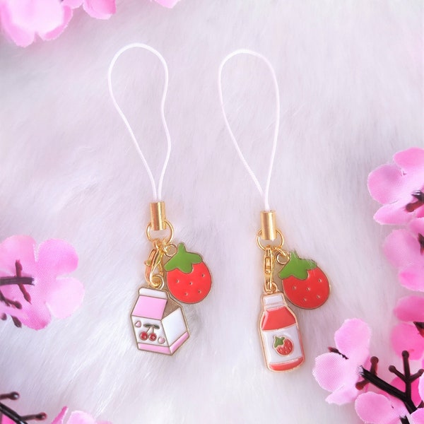Kawaii Pastel Strawberry And Cherry Milk Phone Charm - Cute Phonecharm - Kawaii Phone charm - Ichigo Charm