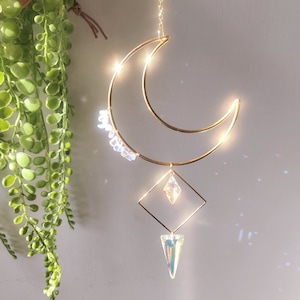 Crescent Moon Crystal Suncatcher: Rainbow Prism, Opalite Home Decor