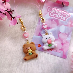 Kawaii Bear & Bunny Phone Charm: 3D Pastel Keychain