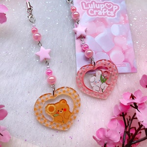 Kawaii Bär & Hase Herz Anhänger: Pastel Anime Schlüsselanhänger