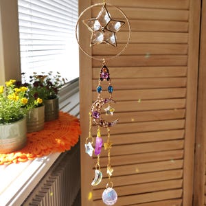 Crystal Star and Moon Suncatcher: Rainbow Window Prism, Witchy Decor