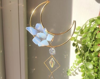 Moon Suncatcher With Tumbled Opalite | Prism Suncatcher | Crescent Moon Crystal | Wall Hanging | Boho Decor | Gift | Aurinkosieppari