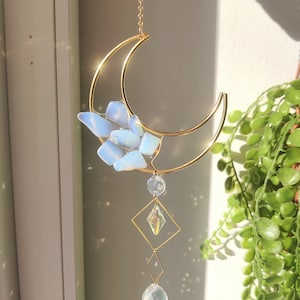 Crescent Moon Opalite Suncatcher: Prism Boho Wall Hanging