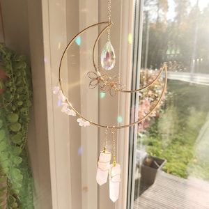 Large Moon Suncatcher With Rose Quartz and Aura Crystal | Prism Suncatcher | Crescent Moon Wall Hanging | Boho Decor| Gift | Aurinkosieppari