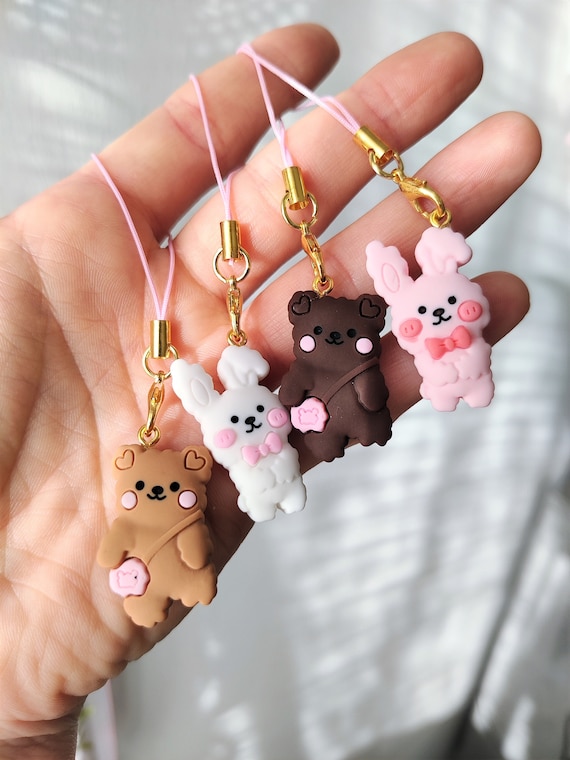 Kawaii Phone Charms, Cute Pastel Keychain, Planner Charm, Bunny and Rabbit,  