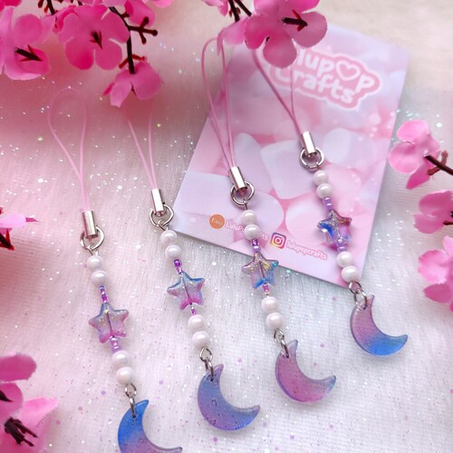 Llavero pastel con diseño de luna y estrella kawaii para teléfono
