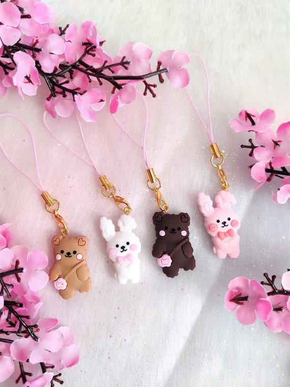 Kawaii Phone Charms, Cute Pastel Keychain, Planner Charm, Bunny And Rabbit