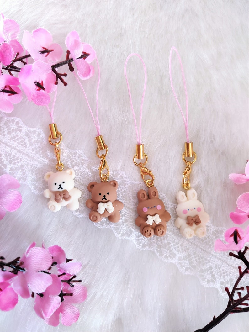 Kawaii Small Teddy Bear And Bunny Charms, Cute Kuma Usagi Keychain, Keyring, Gift, Phone Charm, Accessory 