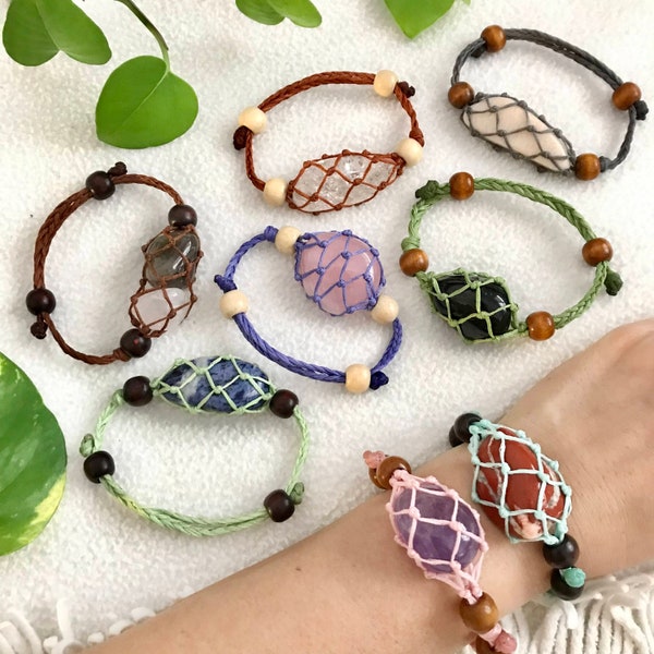 Interchangeable Crystal Cage Pouch Bracelet Macrame Adjustable Wrist Length Color Choice Eco-Friendly Linen Cord Without Stones