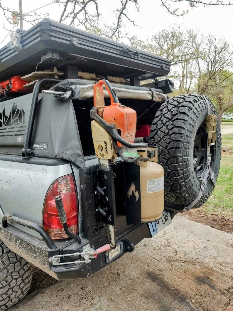 Overlanding - Camping Chainsaw Mount - Holder, Locking Saw Mount, Jeep, Toyota, Universal mount up to 20" bar, Made in USA