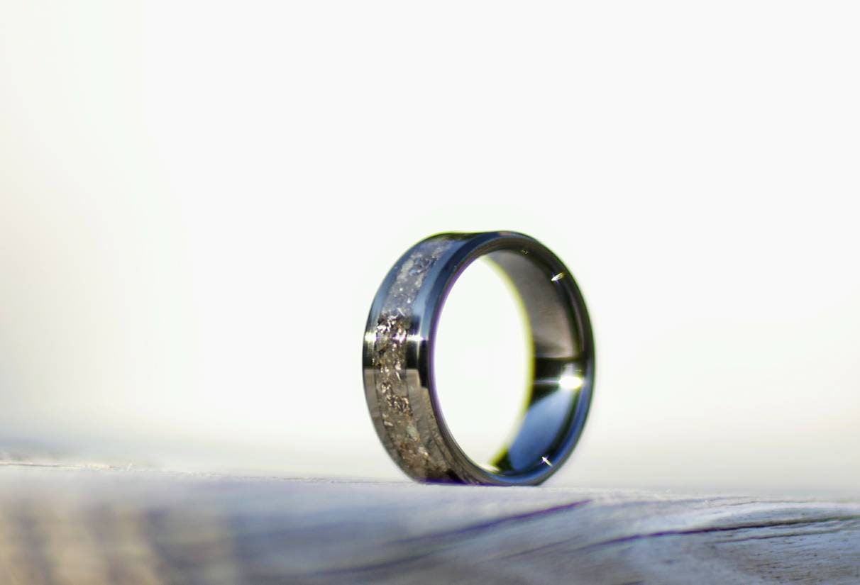 Men's Black Ceramic Ring Inlayed With Glow Stone / Meteorite, One of a ...