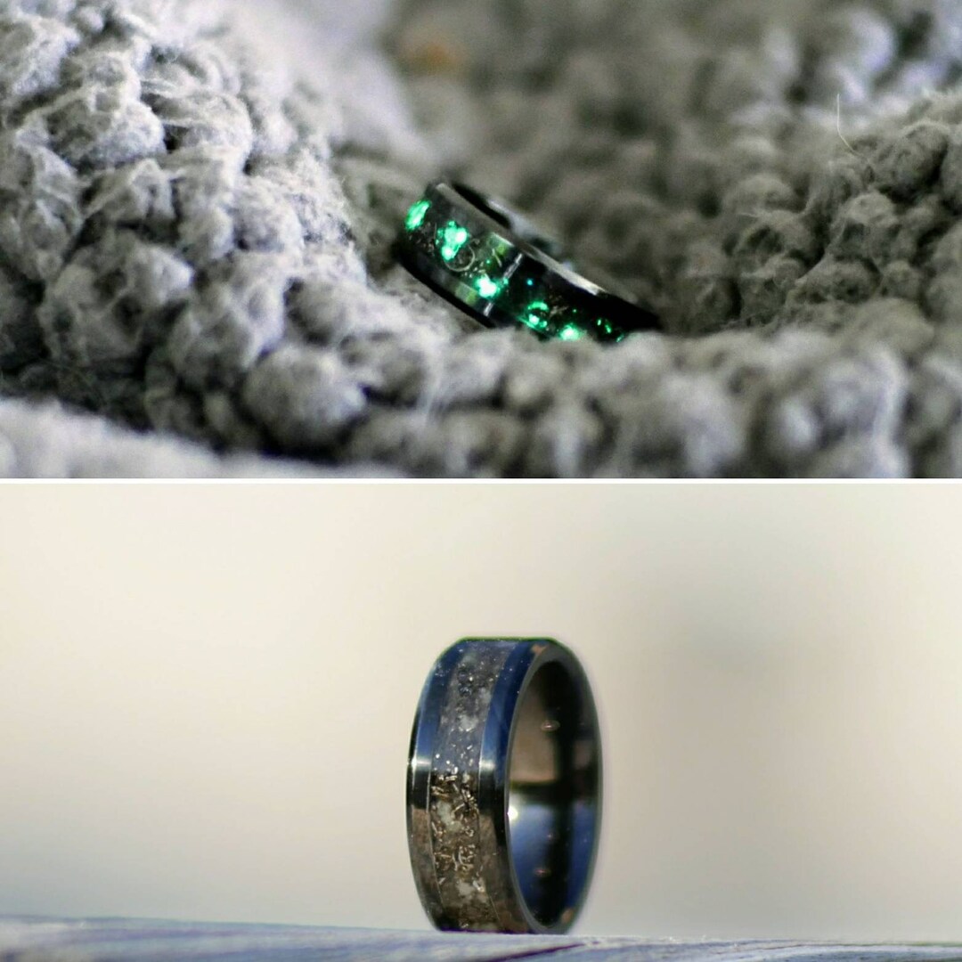 Men's Black Ceramic Ring Inlayed With Glow Stone / Meteorite, One of a ...