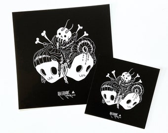 May include: Two black and white illustrations of stylized skulls with intricate details, including bones, flowers, and a skull on top. The illustrations are on black backgrounds and have the text "QUEERFUNK" at the bottom.