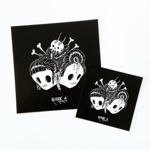 May include: Two black and white illustrations of stylized skulls with intricate details, including bones, flowers, and a skull on top. The illustrations are on black backgrounds and have the text "QUEERFUNK" at the bottom.