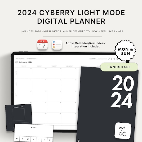 2024 Cyberry Light Mode Digital Planner | Landscape, Apple Calendar & Reminders Integration