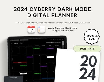 2024 Cyberry Dark Mode Digital Planner | Portrait, Apple Calendar & Reminders Integration