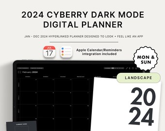 2024 Cyberry Dark Mode Digital Planner | Landscape, Apple Calendar & Reminders Integration