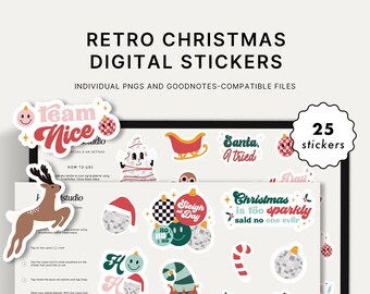 Retro Christmas Digital Stickers | Holiday Digital Planning Stickers | GoodNotes, Elements, Collection