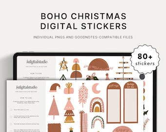 Boho Christmas Digital Stickers, Hand-Drawn, Precropped GoodNotes, Stickers, Individual PNGs, Boho, Modern Boho, Holidays, Winter
