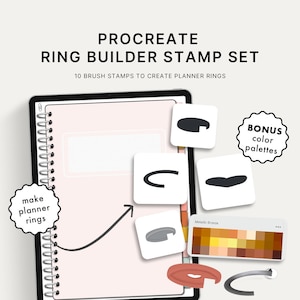 Könnte beinhalten: Eine digitale Illustration eines Procreate Ring Builder Stempelsatzes zum Erstellen von Planerringen. Das Set enthält 10 Pinsel-Stempel und eine Bonus-Farbpalette. Das Bild zeigt ein Tablet mit einem geöffneten Planer, und die Stempel sind um das Tablet herum angeordnet. Der Text "Procreate Ring Builder Stamp Set" befindet sich oben im Bild.