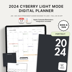 2024 Cyberry Light Mode Digital Planner Portrait, Apple Calendar & Reminders Integration image 1